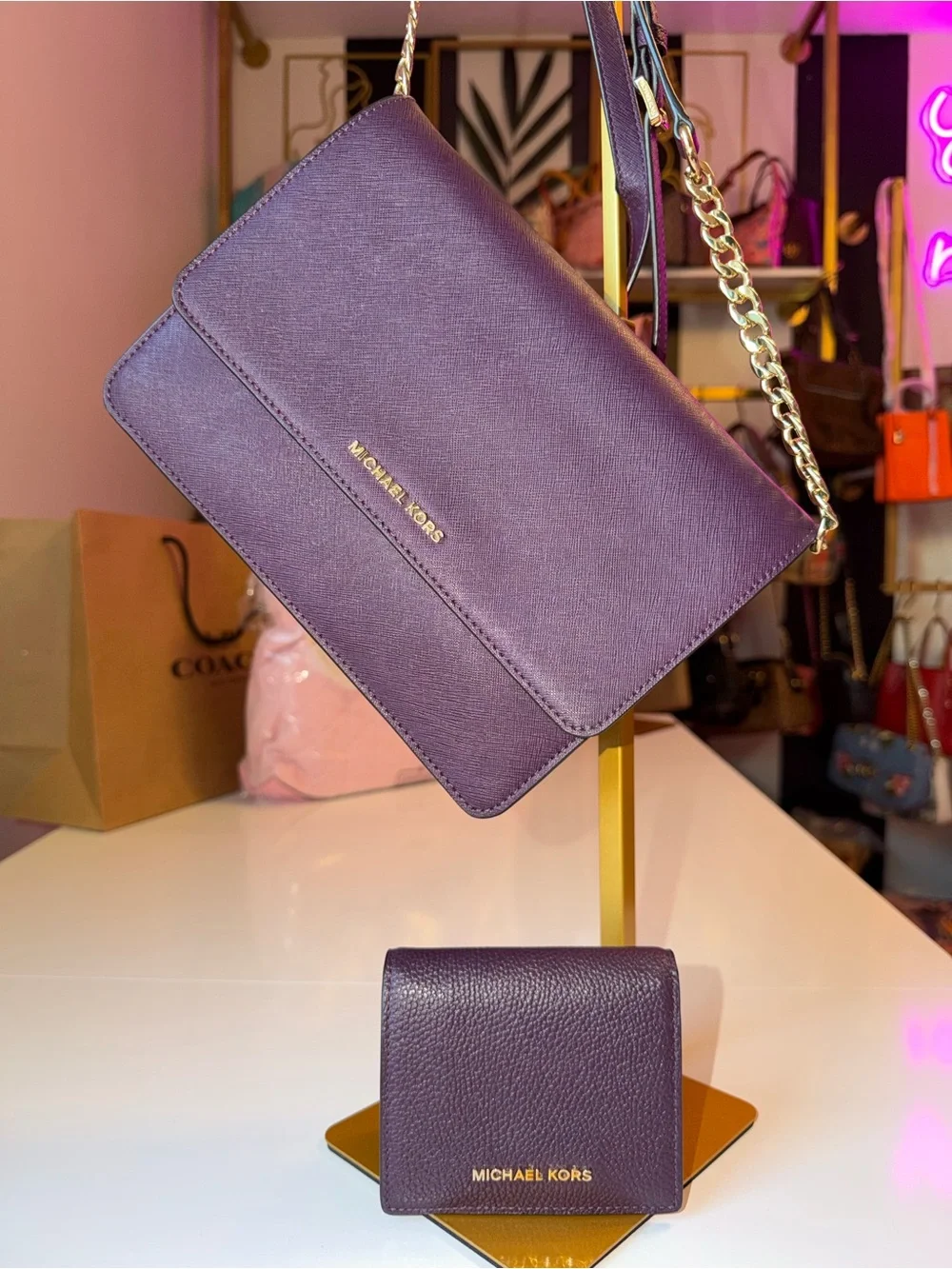 Michael Kors Plum Leather Shoulder Bag with Matching Wallet crossbody gold chain